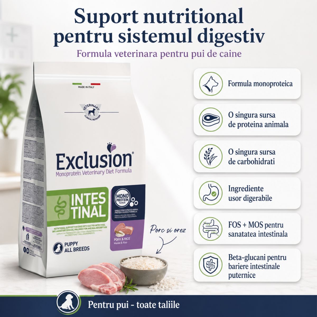 EXCLUSION Monoprotein VD Intestinal Puppy, XS-XL, Porc și Orez, dietă veterinară, hrană uscată câini junior, sistem digestiv, 12kg - imagine 4
